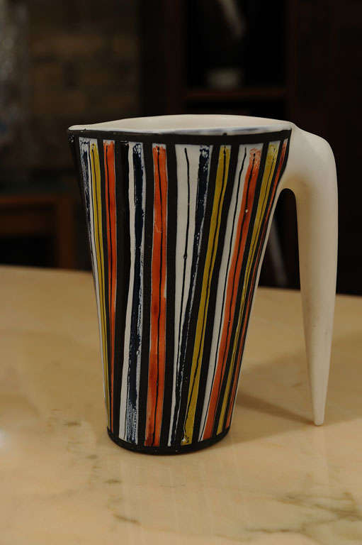 Sculptural ceramic pitcher by Roger Capron with multicolour vertical striped decoration. Signed Capron France