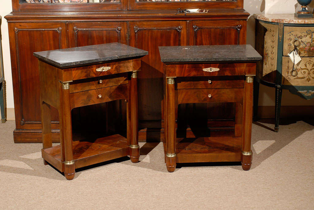 Pair of Empire Style Mahogany Bedside Tables with Marble Tops