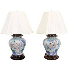 A Pair of Kangxi Style Famille Verte Lamps