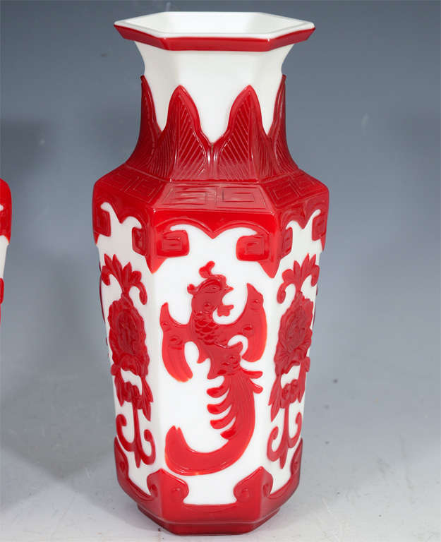 20th Century Pair of Red and White Chinese Peking Cut Glass Vases