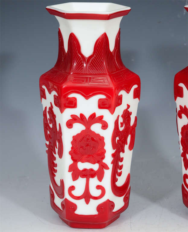 Pair of Red and White Chinese Peking Cut Glass Vases 1