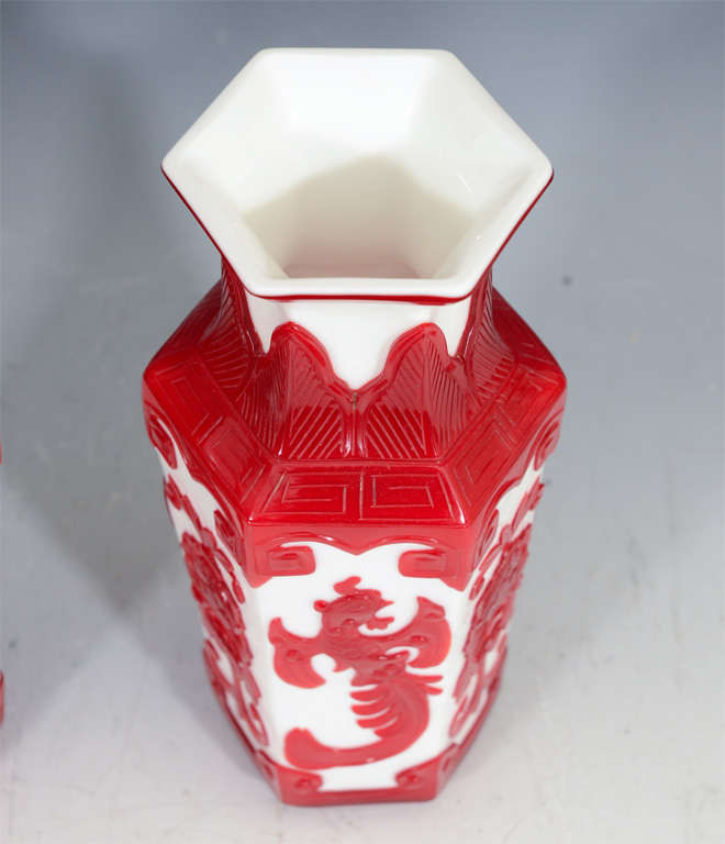 Pair of Red and White Chinese Peking Cut Glass Vases 2