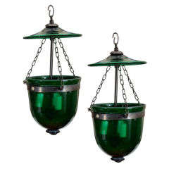 Vintage Pair of Val St. Lambert Colored Glass Bell Lanterns