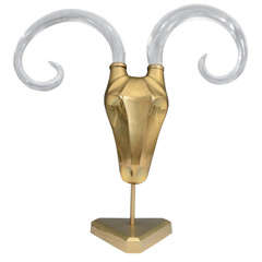 Mid Century Stylized Brass and Glass Rams Head Sculpture