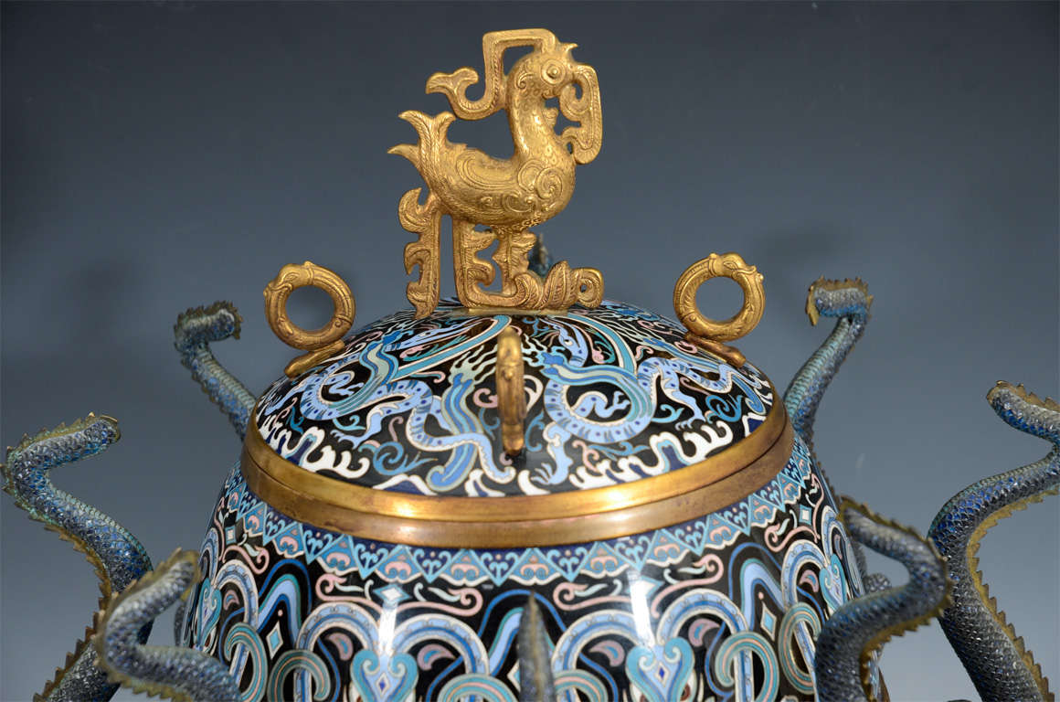 Japanese Antique Chinese Cloisonne Censer w/ Eight Dragon Handles