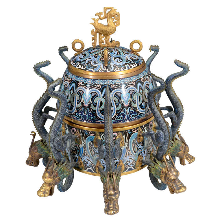 Antique Chinese Cloisonne Censer w/ Eight Dragon Handles