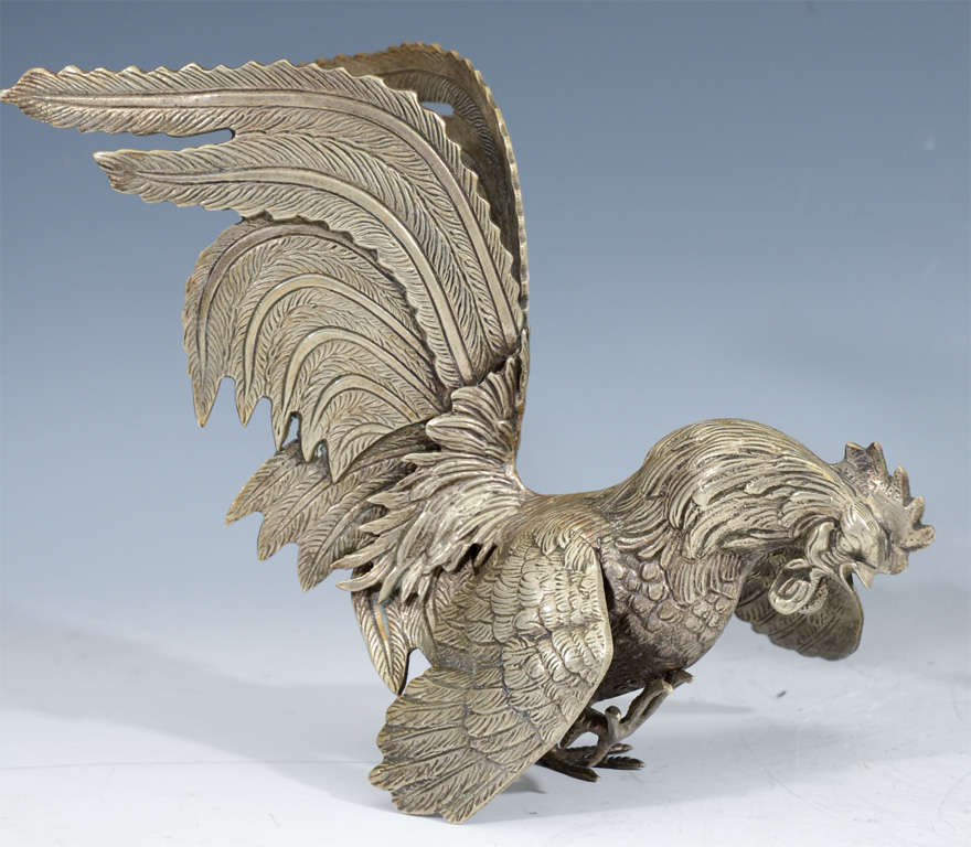20th Century Pair of Antique Japanese Silvered Bronze Gamecock; Meiji Period