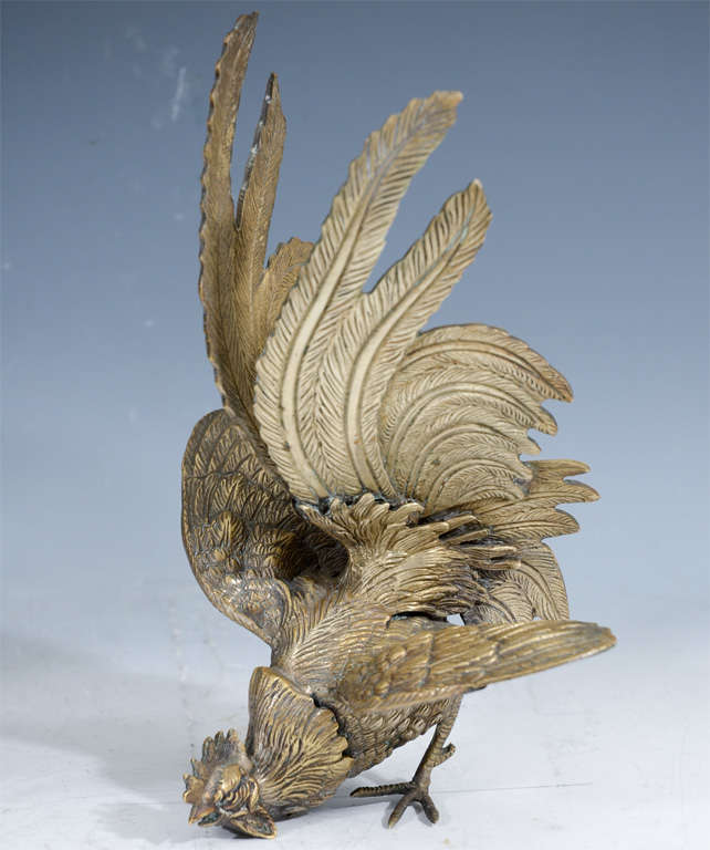 Pair of Antique Japanese Silvered Bronze Gamecock; Meiji Period 1