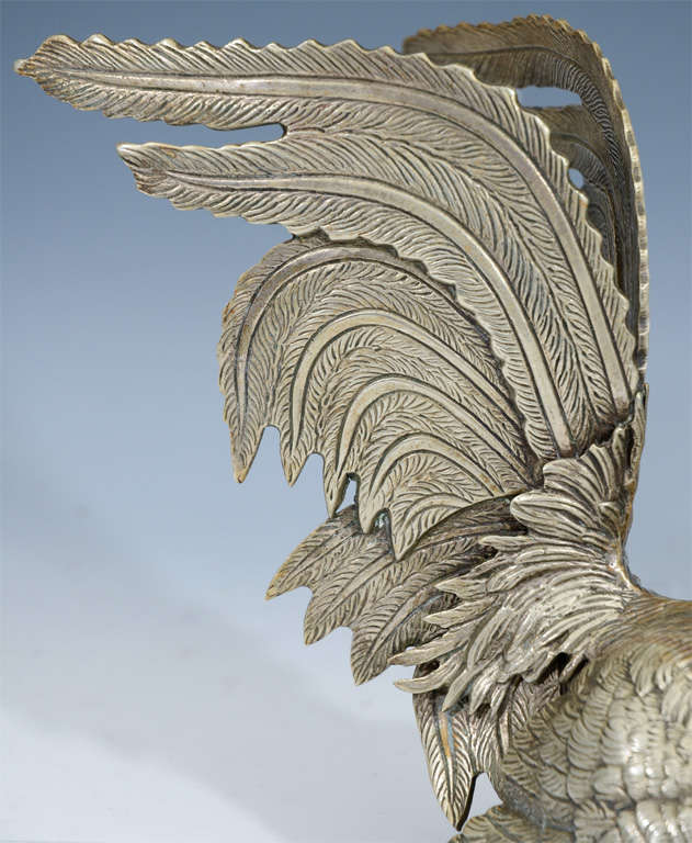 Pair of Antique Japanese Silvered Bronze Gamecock; Meiji Period 3