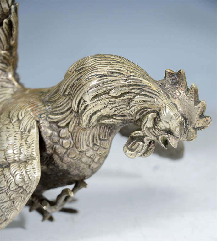 Pair of Antique Japanese Silvered Bronze Gamecock; Meiji Period 4