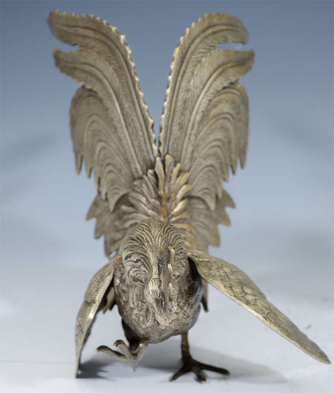 Pair of Antique Japanese Silvered Bronze Gamecock; Meiji Period 5