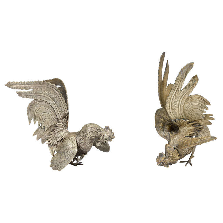 Pair of Antique Japanese Silvered Bronze Gamecock; Meiji Period