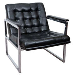 Mid Century Black Vinyl & Chrome Tufted Chair