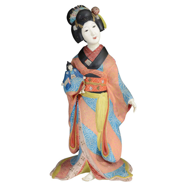 Antique Japanese Clay Figure of Young Geisha; Late Meiji Period