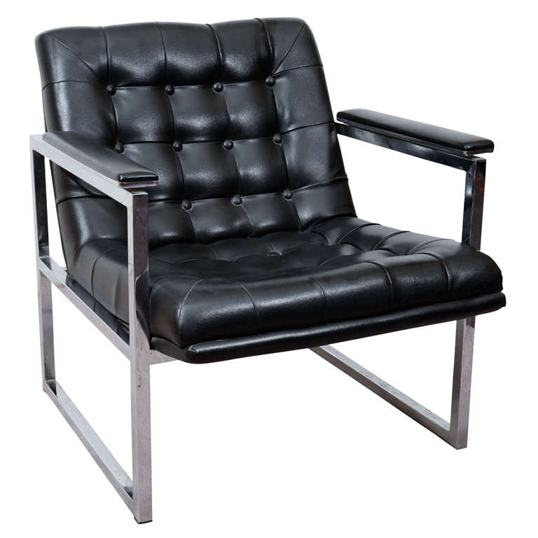 Mid Century Black Vinyl and Chrome Tufted Chair at 1stDibs black vinyl chair, mid century