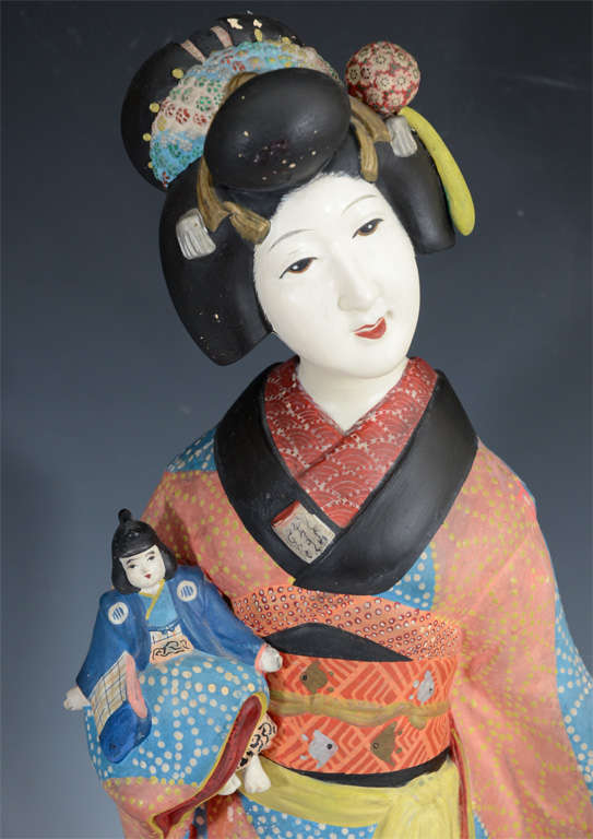 Antique Japanese Clay Figure of Young Geisha; Late Meiji Period at