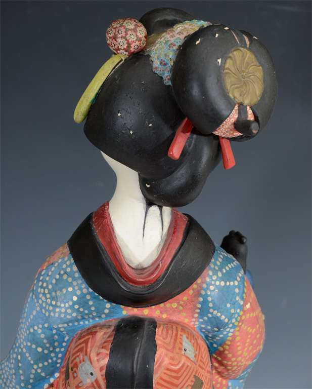 Antique Japanese Clay Figure of Young Geisha; Late Meiji Period at