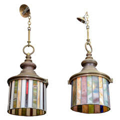 Vintage Pair of Arts & Crafts Stained Glass Hanging Light Fixtures