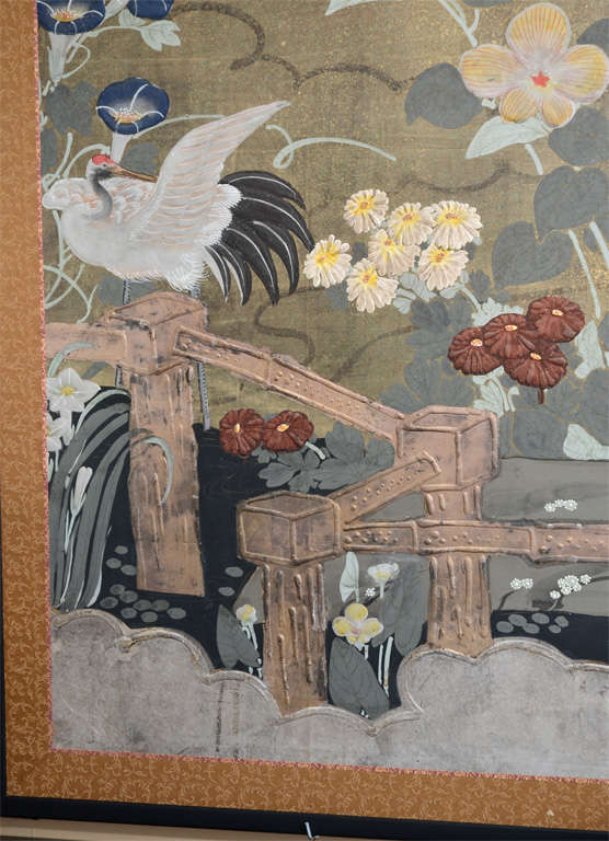 19th Century Antique Japanese Two Panel Flower Screen; Edo Period