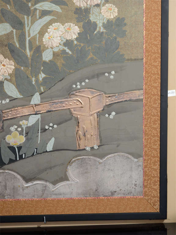 Antique Japanese Two Panel Flower Screen; Edo Period 1