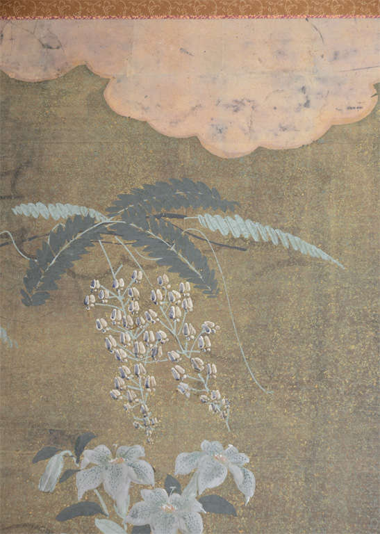 Antique Japanese Two Panel Flower Screen; Edo Period 2