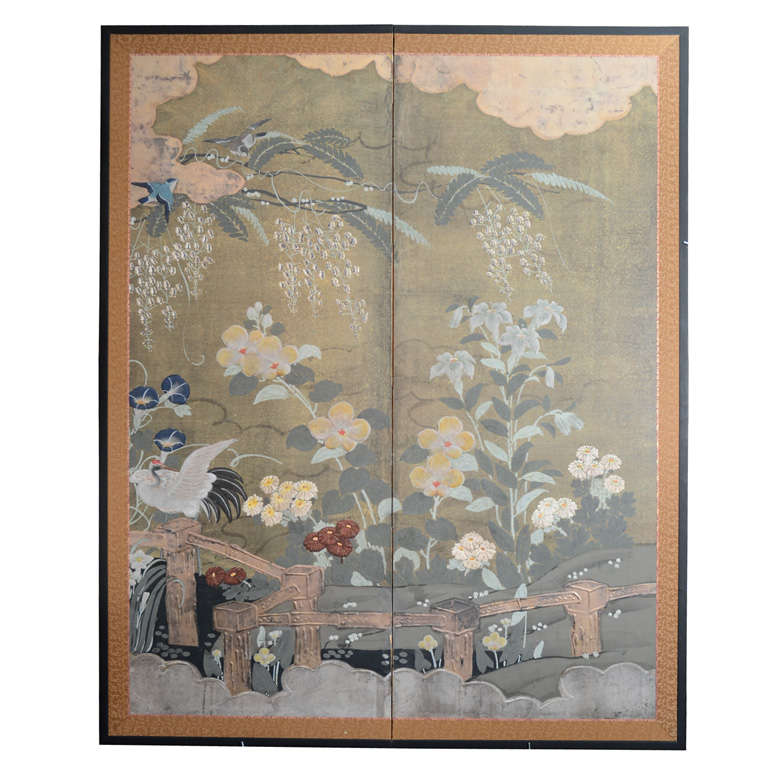 Antique Japanese Two Panel Flower Screen; Edo Period