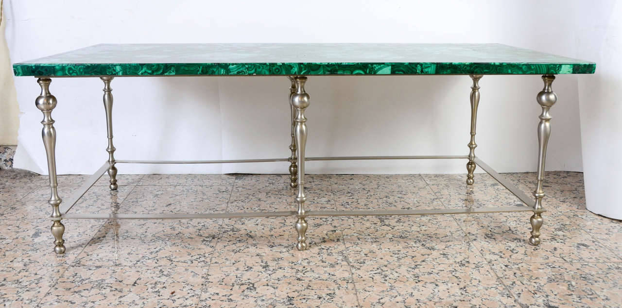 Very rare set of one big coffee table and four end tables in bronze-plated silver and marquetry of malachite.
