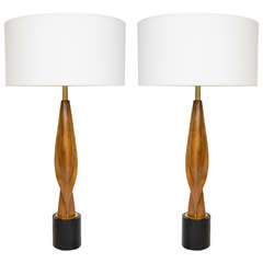 1960s Pair of Lamps in Wood and Stone, Signed EN