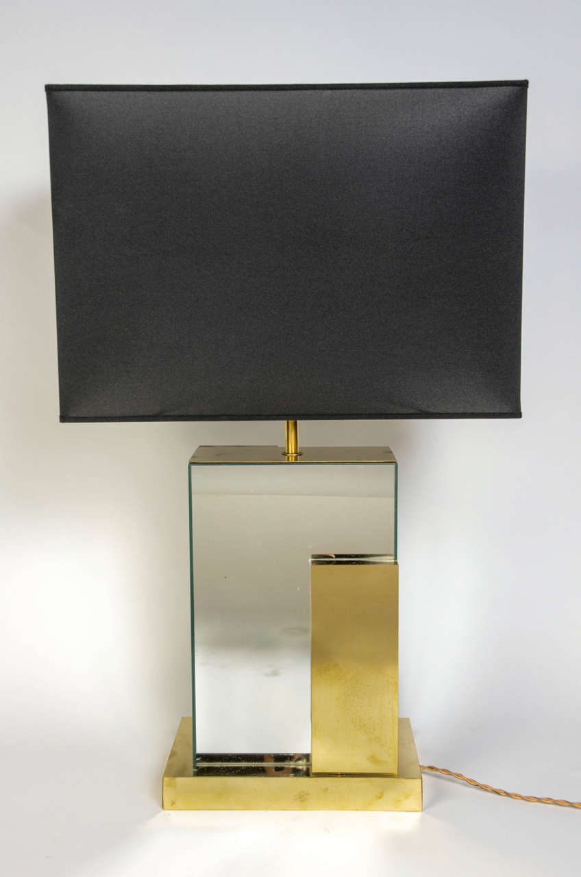Pair of 1970s Cubist Mirrored Lamps in Brass