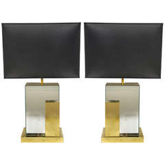 Pair of 1970s Cubist Mirrored Lamps in Brass