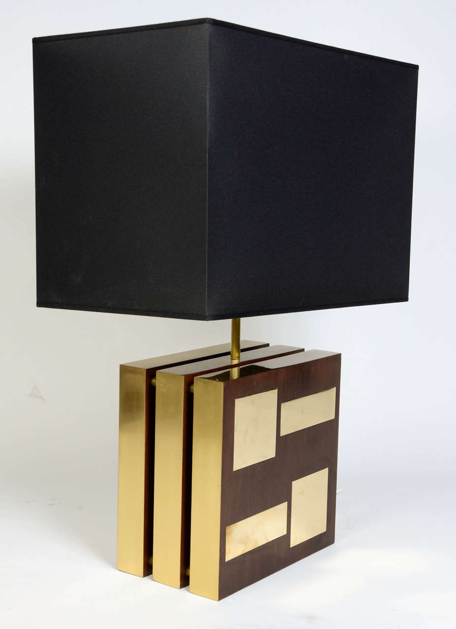 1970s Modernist Pair of Lamps in Brass and Wood