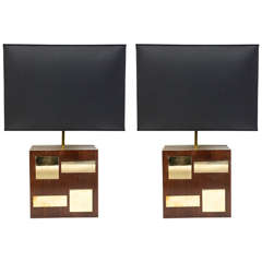 1970s Modernist Pair of Lamps in Brass and Wood