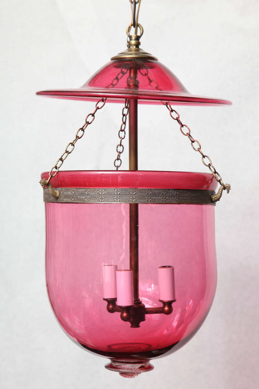 Handblown antique cranberry pink belljar. These are getting more and more difficult to find. Price includes non UL wiring.