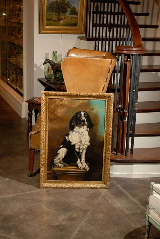 Oil painting of Sitting dog, American. in old gilt frame