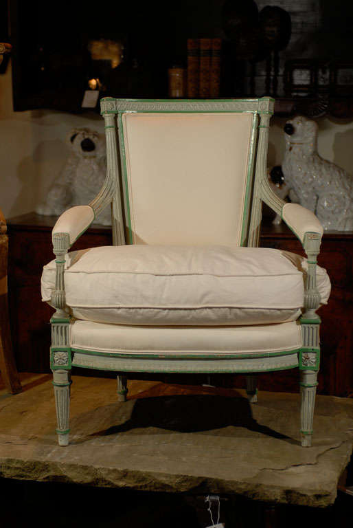 French Louis XVI Style Painted and Upholstered Cabriolet Armchair with Cushion In Excellent Condition In Atlanta, GA