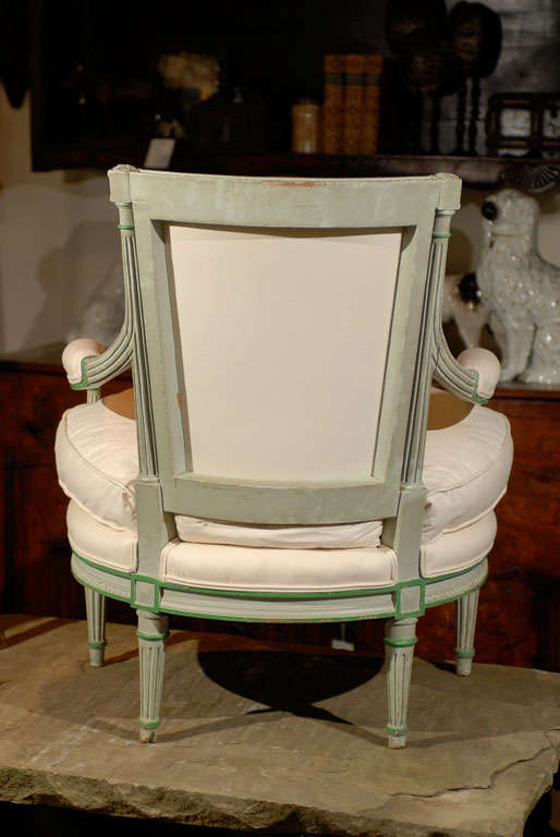 20th Century French Louis XVI Style Painted and Upholstered Cabriolet Armchair with Cushion