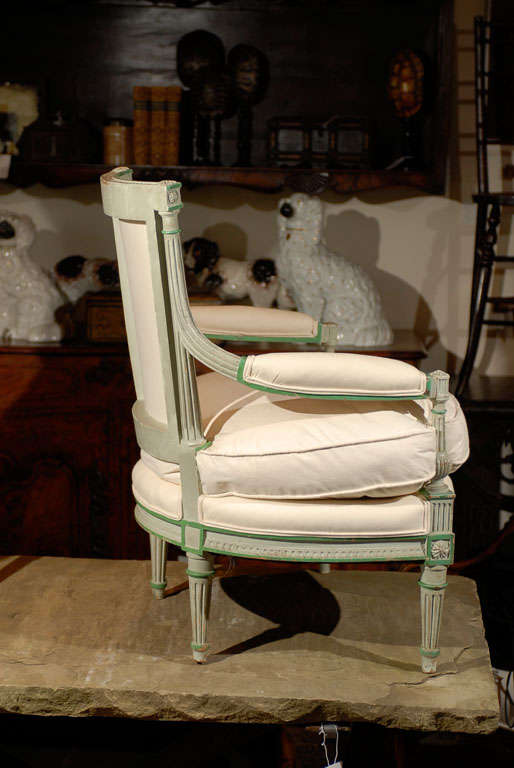 Muslin French Louis XVI Style Painted and Upholstered Cabriolet Armchair with Cushion
