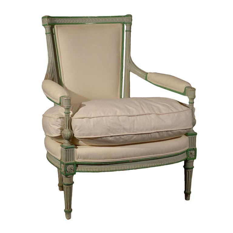 French Louis XVI Style Painted and Upholstered Cabriolet Armchair with Cushion