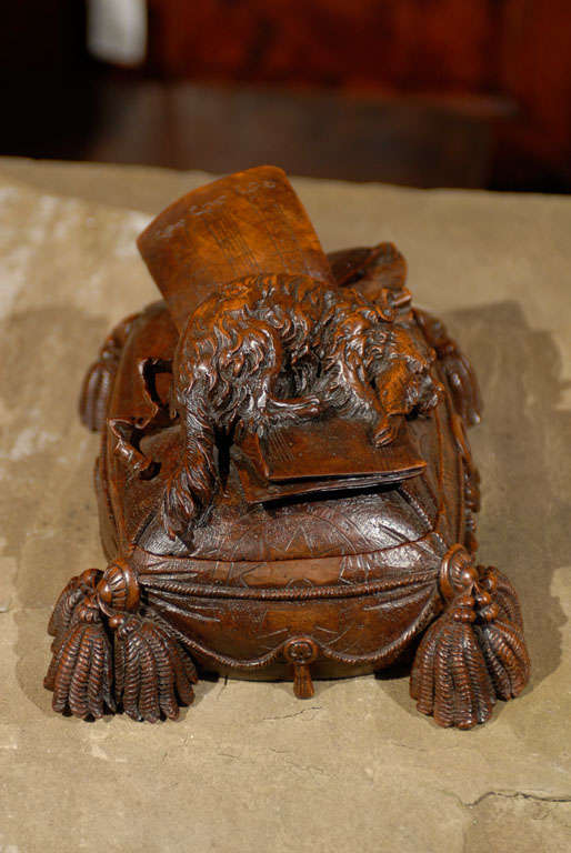 20th Century Carved Black Forest Box with Dog