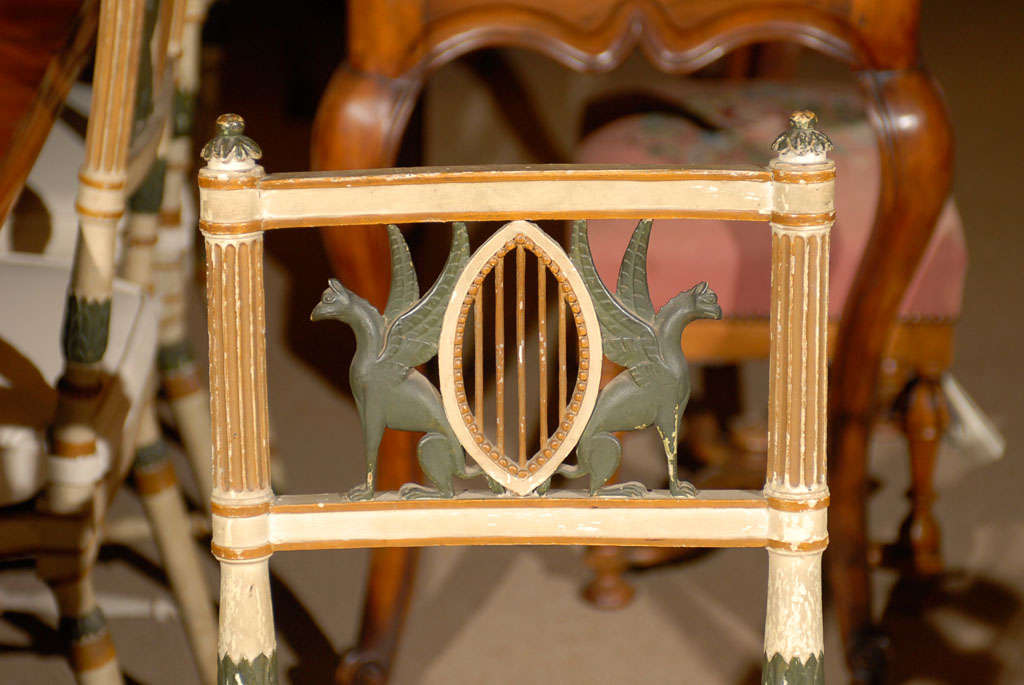 Pair of 19th Century Neoclassical Polychrome Painted and Caned Chairs 1