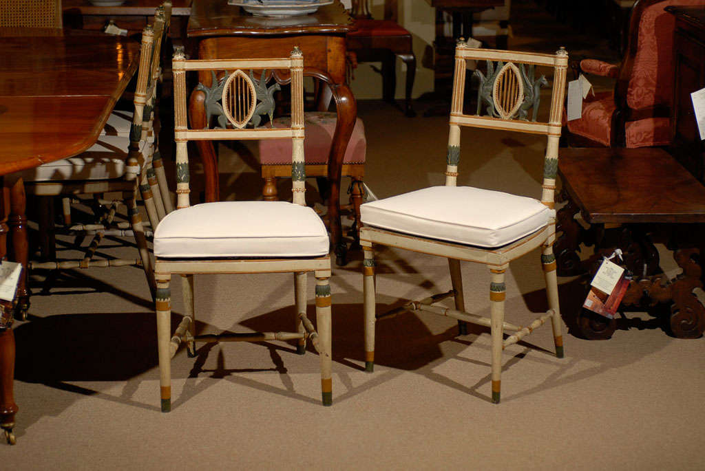 Pair of 19th Century Neoclassical Polychrome Painted and Caned Chairs 6