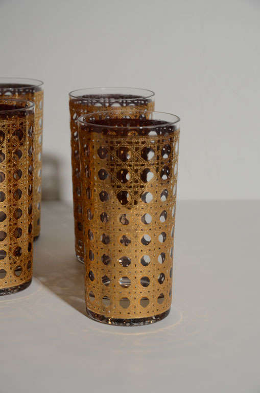 Set of Ten Vintage Gold Leaf Rattan Barware Glasses 2