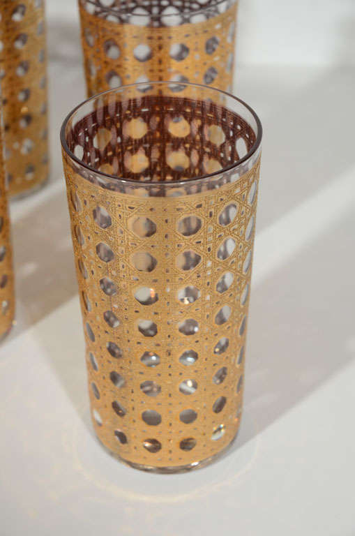 American Set of Ten Vintage Gold Leaf Rattan Barware Glasses