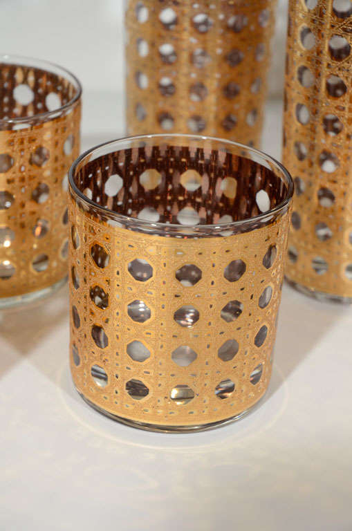Set of Ten Vintage Gold Leaf Rattan Barware Glasses In Excellent Condition In Fort Lauderdale, FL