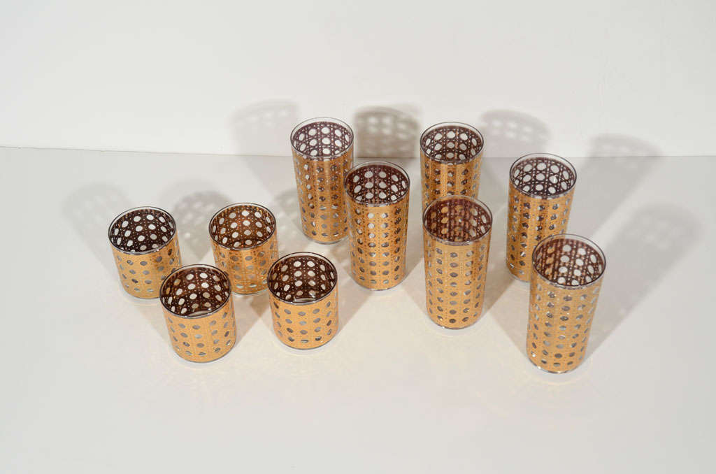 20th Century Set of Ten Vintage Gold Leaf Rattan Barware Glasses