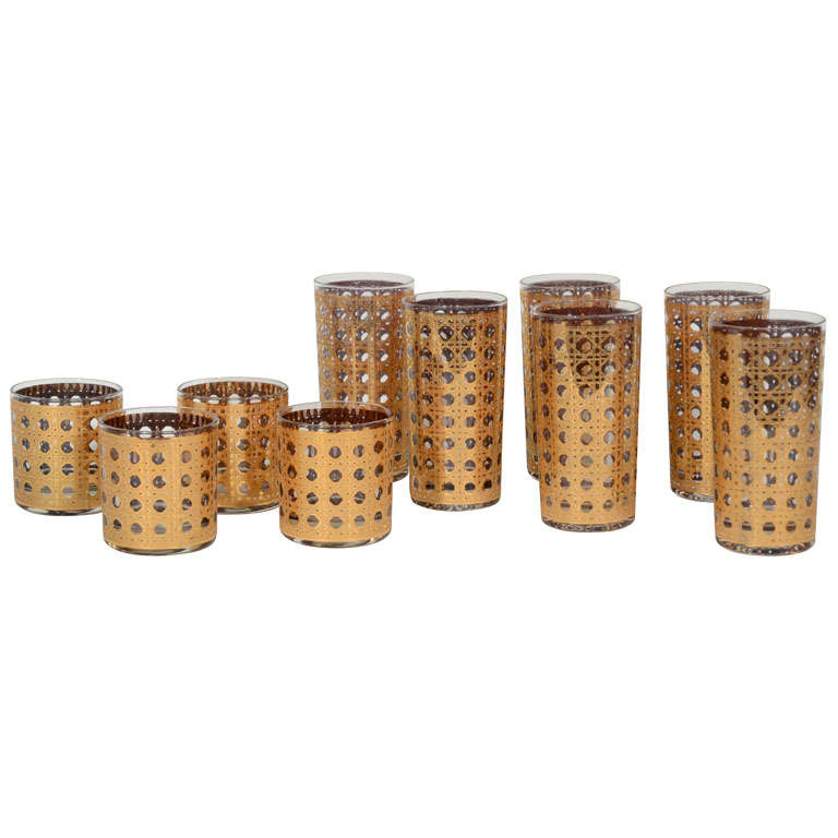Set of Ten Vintage Gold Leaf Rattan Barware Glasses