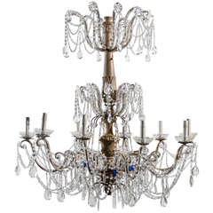 Antique Italian Ten-Light Crystal Chandelier with Wooden Column and Blue Crystals