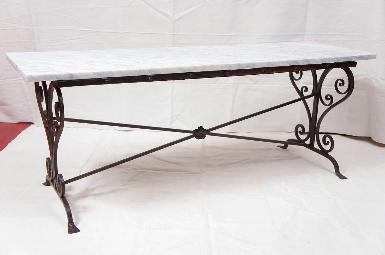 Antique Italian metal bench or coffee table with pretty wrought-iron base and grey-veined marble top.  Dimensions for bench:  15.5 x 40 x 17