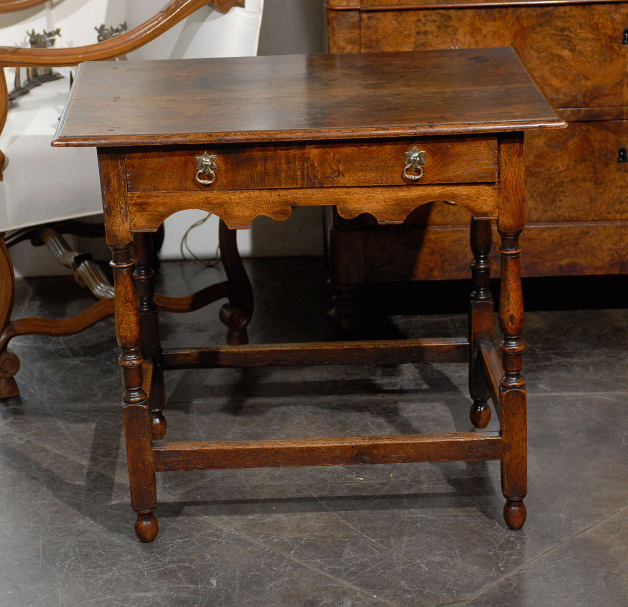 Early English side table with 1 drawer and stretcher.