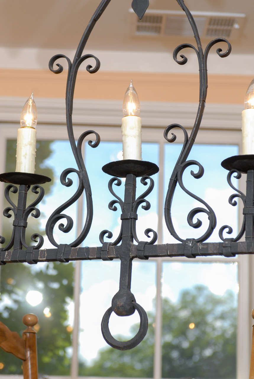 Baroque French 1940s, Wrought Iron Five-Light Linear Chandelier with Scrolled Décor